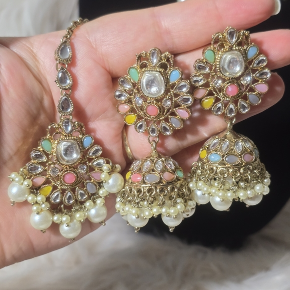 Traditional Desi Bollywood Indian Pakistani necklace earrings tikka set - Picture 7 of 10